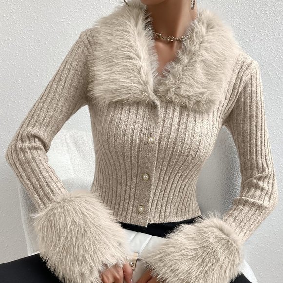 . Sweaters - Apricot Preppy Womens Fuzzy Collar Ribbed Knit Cardigan